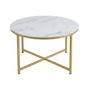 Ashley salontafel Ø80 cm in wit marmer look met gouden kruispoten