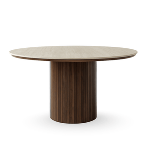 Enzo ronde eettafel met beige stenen blad en gerookt eiken lattenbodem Ø120 cm