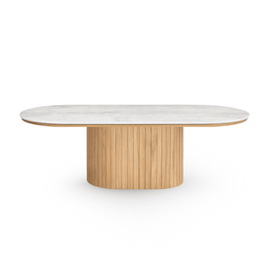 Bobby - Ovale salontafel met lichtbeige stenen tafelblad en eikenhouten onderstel 120x55x45 cm