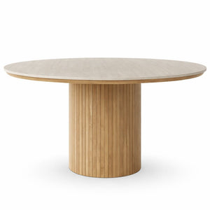 Enzo ronde eettafel met beige stenen blad en eikenhouten lattenbodem Ø120 cm