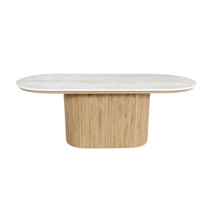 Bobby - Ovale salontafel met lichtbeige stenen tafelblad en eikenhouten onderstel 120x55x45 cm