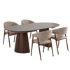 Eetkamerset – Lewis latten eettafel Ø120 cm met uitschuiffunctie in gerookt eiken + 4 x Ebba eetkamerstoelen in zand met poten in gerookt eikenlook