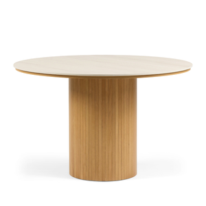 Enzo ronde eettafel met beige stenen blad en eikenhouten lattenbodem Ø120 cm