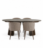 Eetkamerset – Lewis-eettafel met lamellen en uitschuifbare bladen in gerookt eikenfineer + 4 x Noma-eetkamerstoelen in zandkleur met poten in gerookte eikenlook