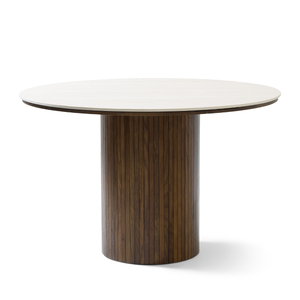 Enzo ronde eettafel met beige stenen blad en gerookt eiken lattenbodem Ø120 cm