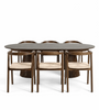 Eetkamerset – Lewis-eettafel met lamellen en uitschuifbare tafelblad in gerookt eikenfineer + 6 x Tori-eetkamerstoelen met gevlochten zitting in gerookt eiken