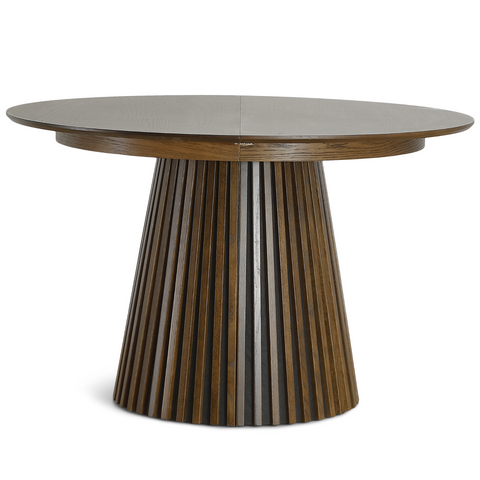Lewis - Ronde lamellen eettafel in gerookt eikenfineer met uittrekfunctie 120/160/200 cm - 2 inlegbladen inbegrepen