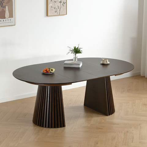 Lewis - Ronde lamellen eettafel in gerookt eikenfineer met uittrekfunctie 120/160/200 cm - 2 inlegbladen inbegrepen