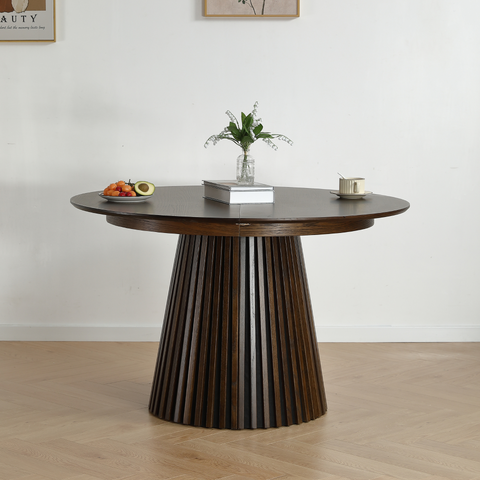 Lewis - Ronde lamellen eettafel in gerookt eikenfineer met uittrekfunctie 120/160/200 cm - 2 inlegbladen inbegrepen