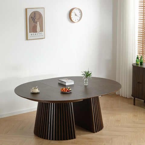 Lewis - Ronde lamellen eettafel in gerookt eikenfineer met uittrekfunctie 120/160/200 cm - 2 inlegbladen inbegrepen