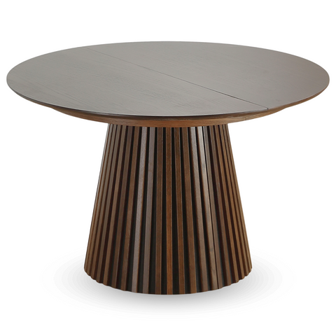 Lewis - Ronde lamellen eettafel in gerookt eikenfineer met uittrekfunctie 120/160/200 cm - 2 inlegbladen inbegrepen
