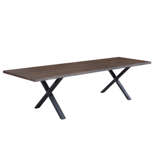 Susan eettafel – 300x95 cm – in gerookt eiken met kruispoten – (Voorbereid voor verlengbladen)