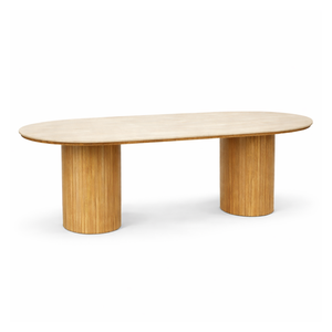 Enzo ovale eettafel met stenen tafelblad in beige en eikenhouten lattenbodem 220x100x76 cm