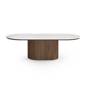 Bobby - Ovale salontafel met lichtbeige stenen tafelblad en gerookt eiken onderstel 120x55x45 cm